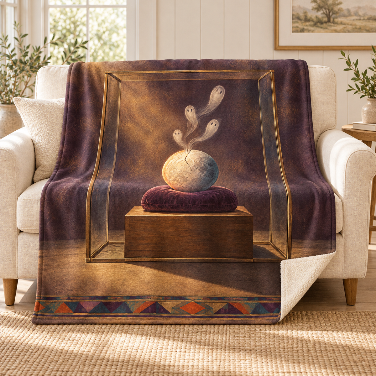 The Moon in a Display Case blanket, on a sofa
