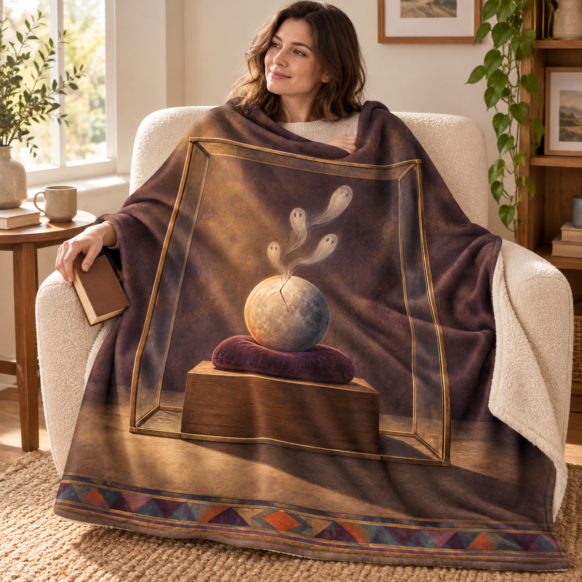 The Moon in a Display Case blanket, wrapped around a reader