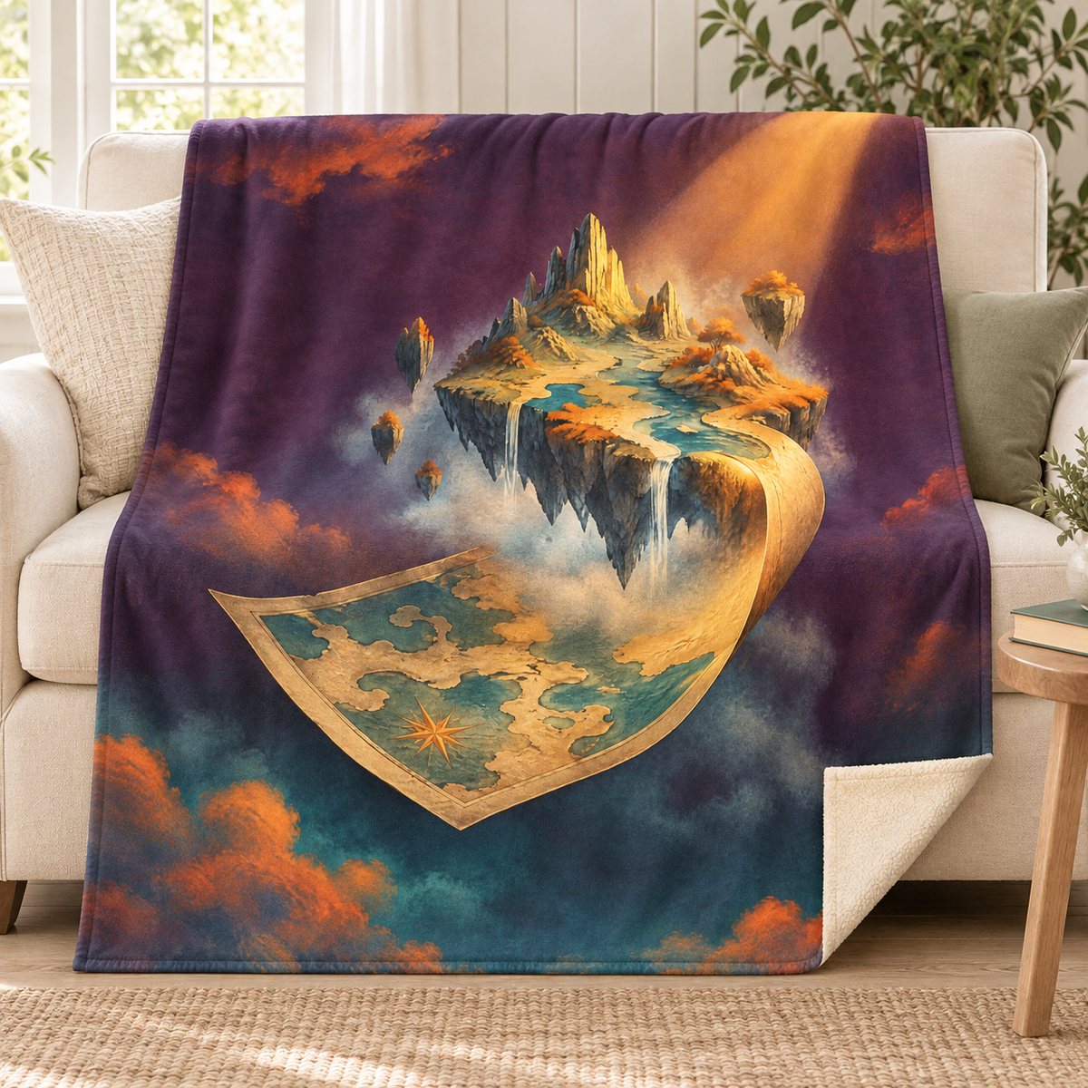 The Map that Floats Away blanket, on a sofa