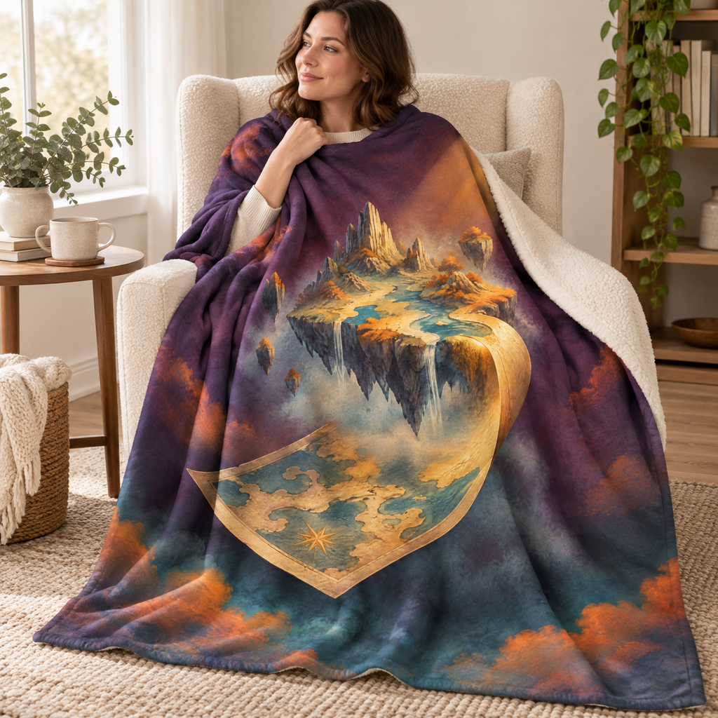 The Map that Floats Away blanket, wrapped around a reader