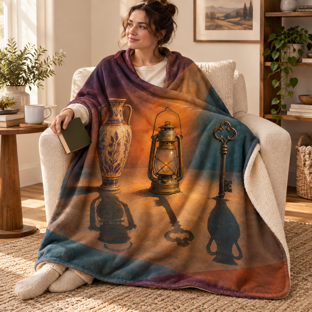 The Hour of Borrowed Shadows blanket, wrapped around a reader