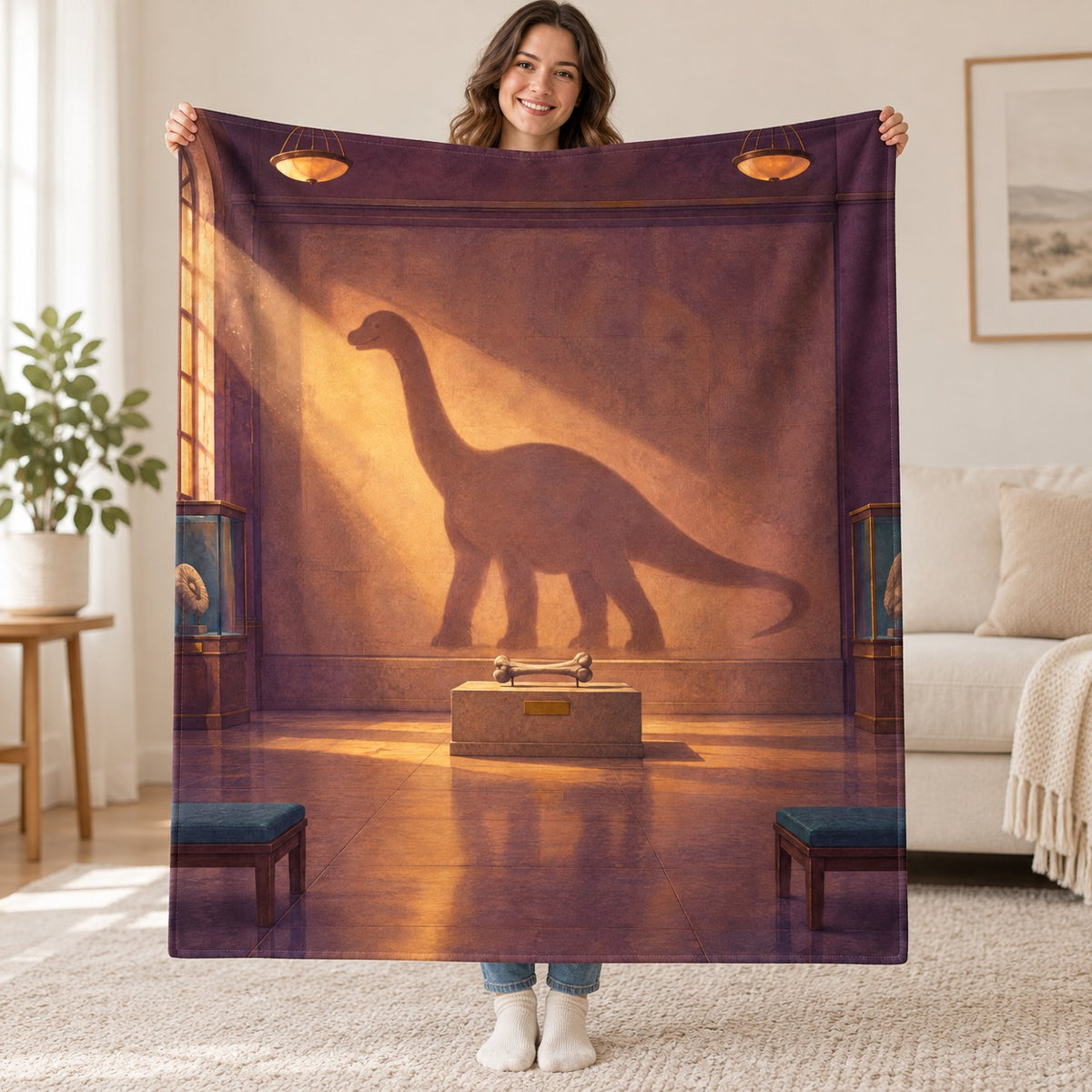 The Dinosaur Shadow blanket, held open