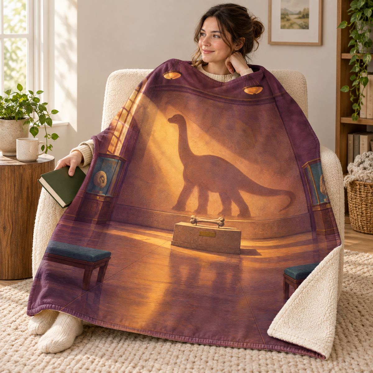 The Dinosaur Shadow blanket, wrapped around a reader