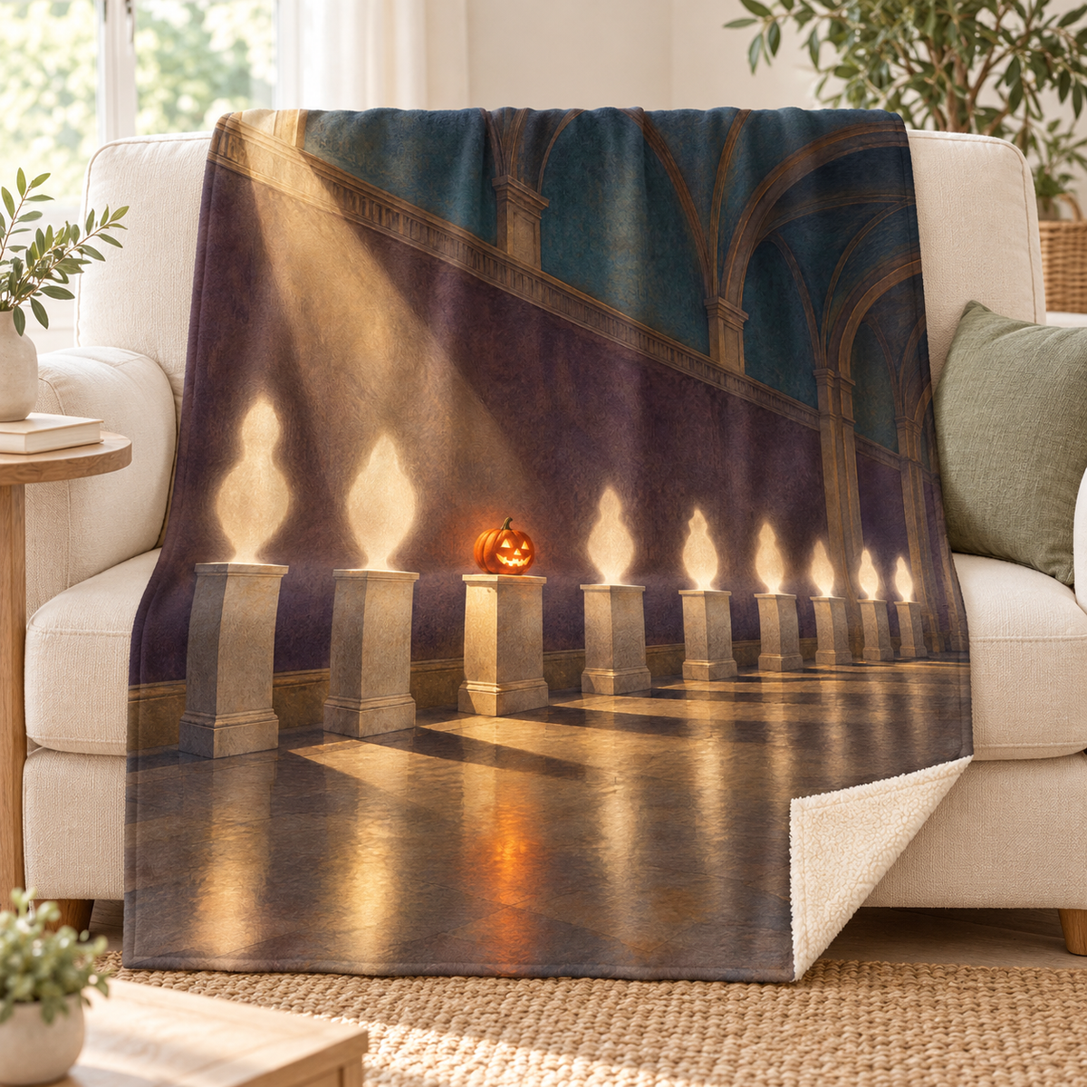 The Gallery of Empty Pedestals blanket, on a sofa