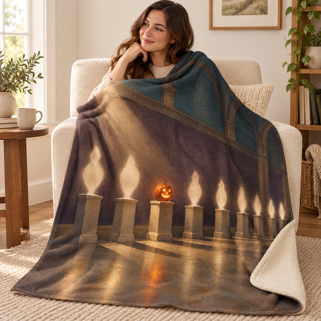 The Gallery of Empty Pedestals blanket, wrapped around a reader