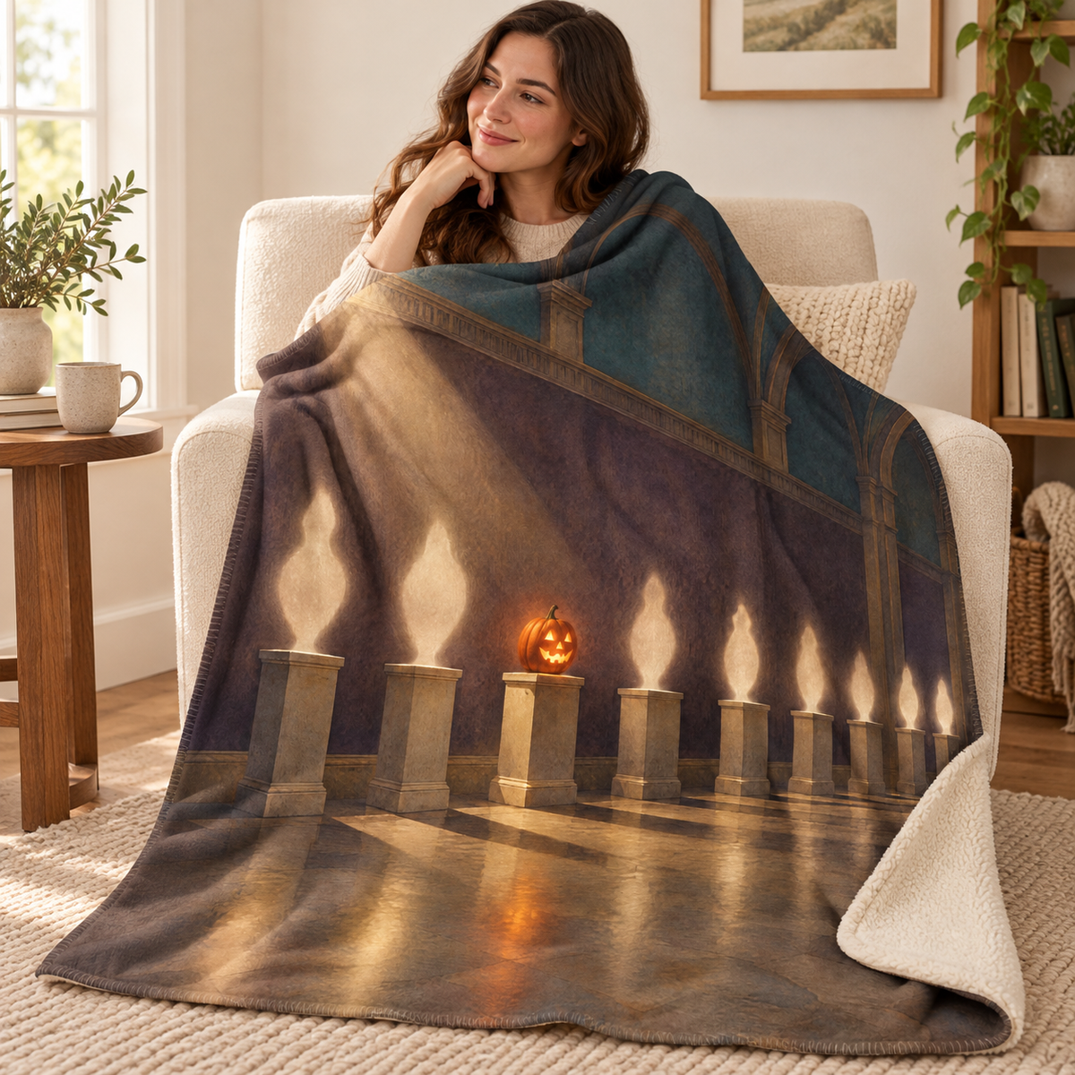 The Gallery of Empty Pedestals blanket, wrapped around a reader