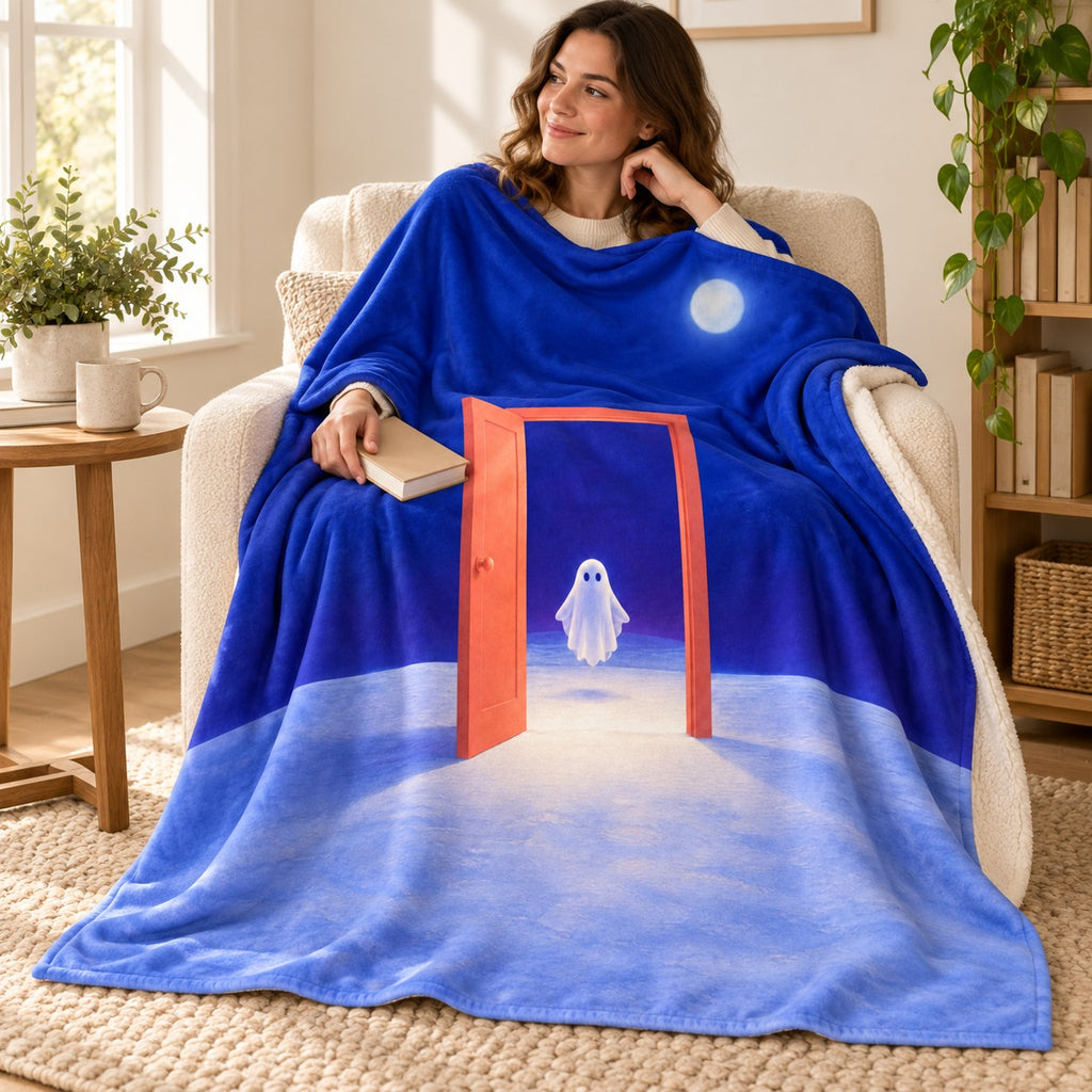 The Door into the Moon blanket, wrapped around a reader