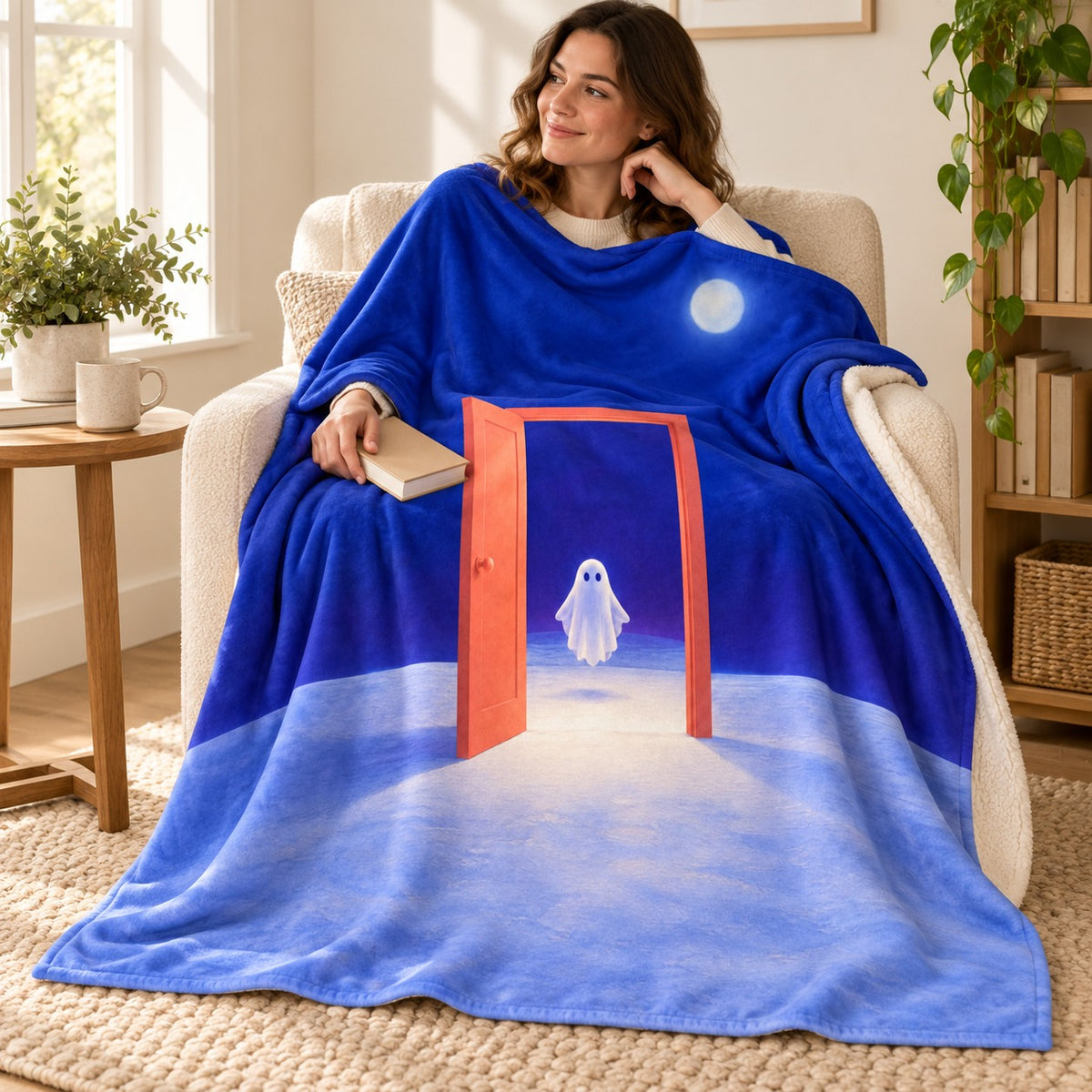The Door into the Moon blanket, wrapped around a reader