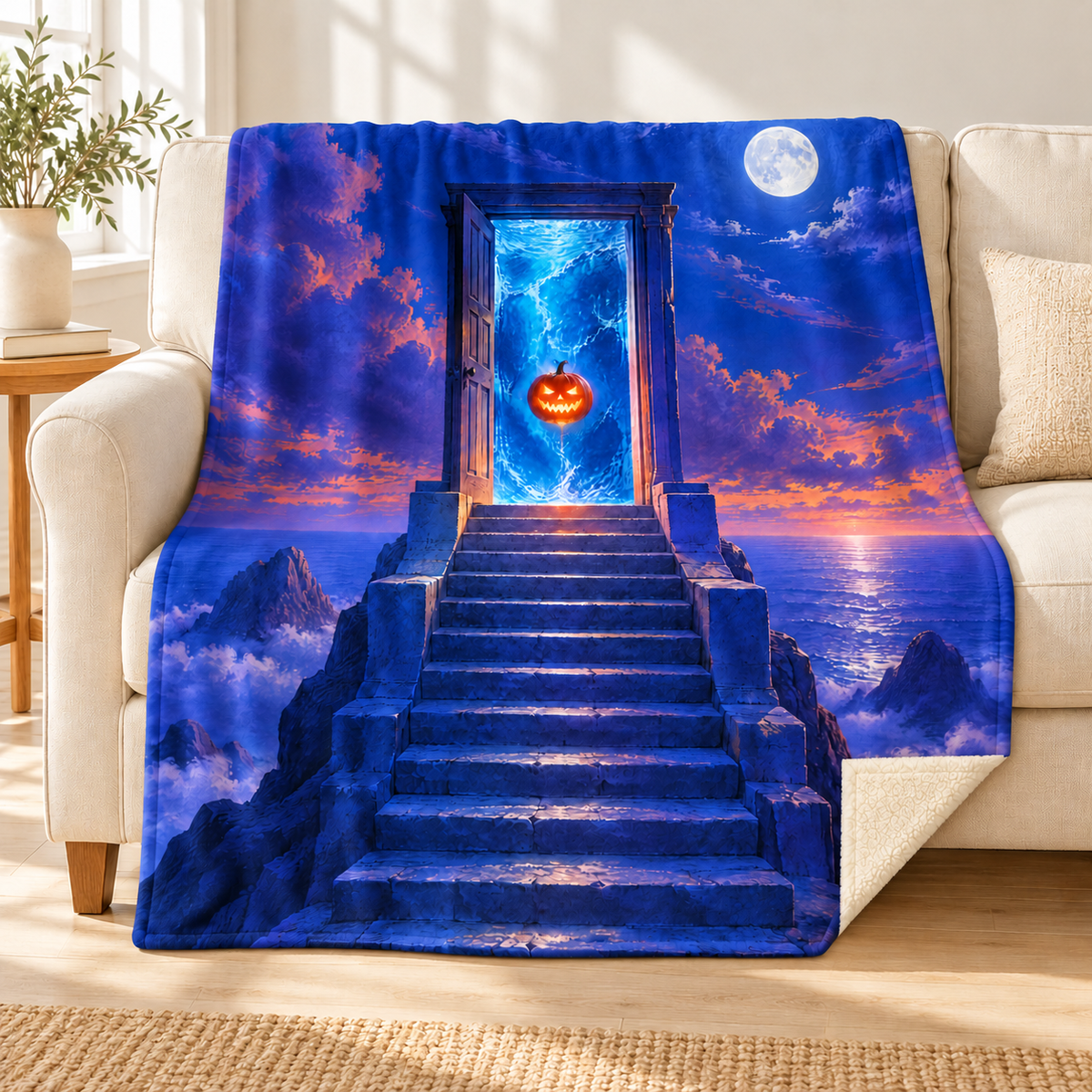 The Upstairs Ocean blanket, on a sofa