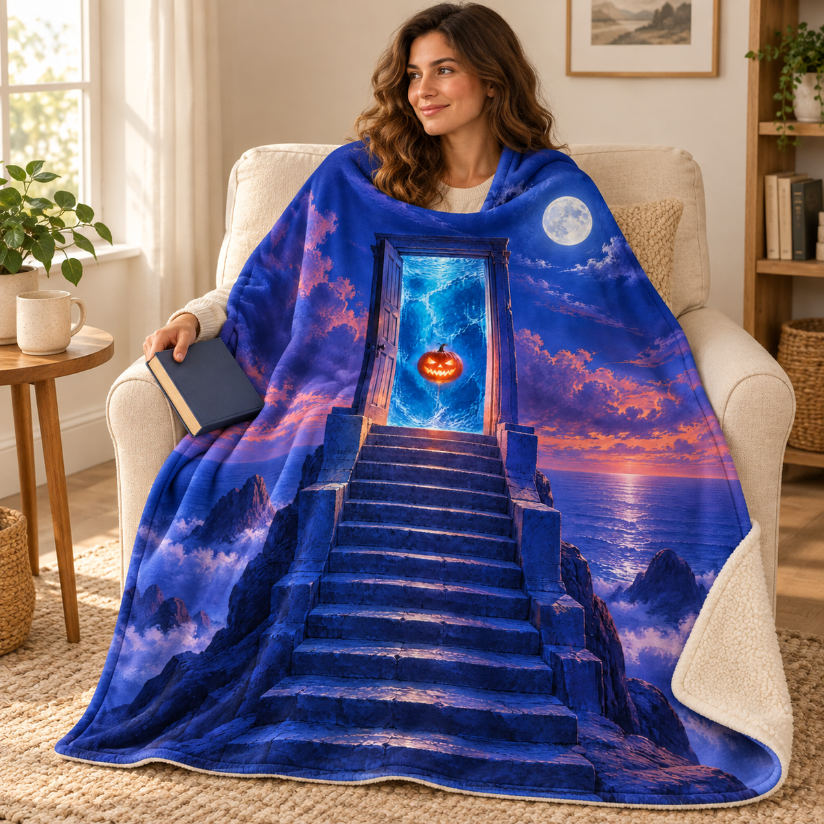 The Upstairs Ocean blanket, wrapped around a reader