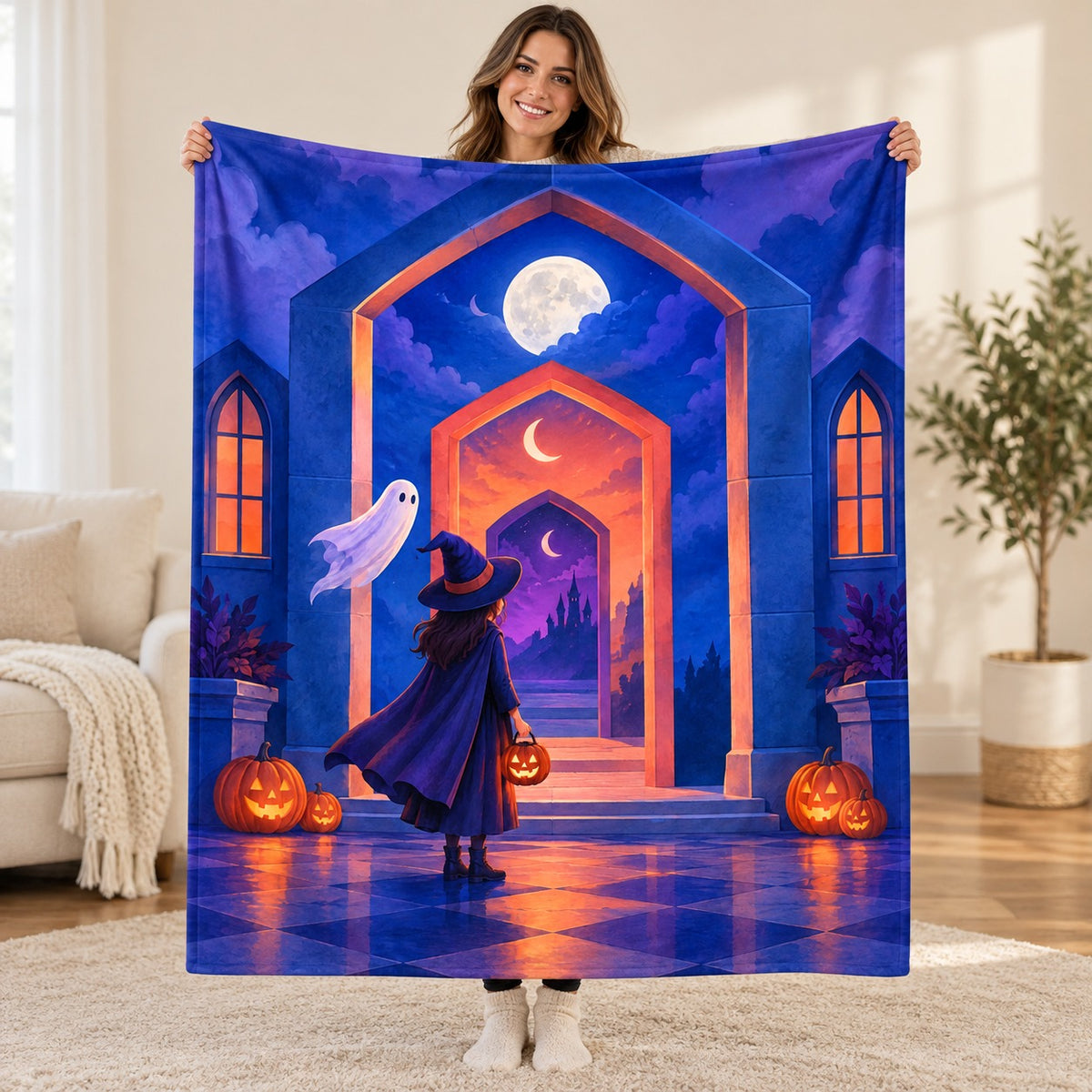 The Corridor of Smaller Nights blanket, held open