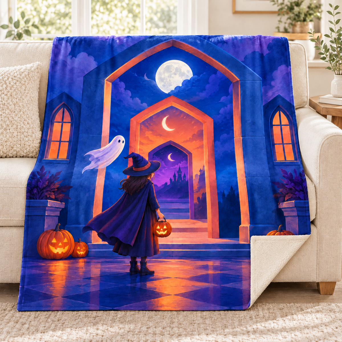 The Corridor of Smaller Nights blanket, on a sofa