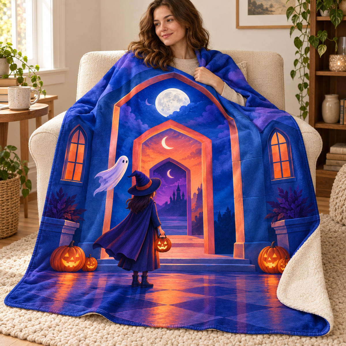 The Corridor of Smaller Nights blanket, wrapped around a reader