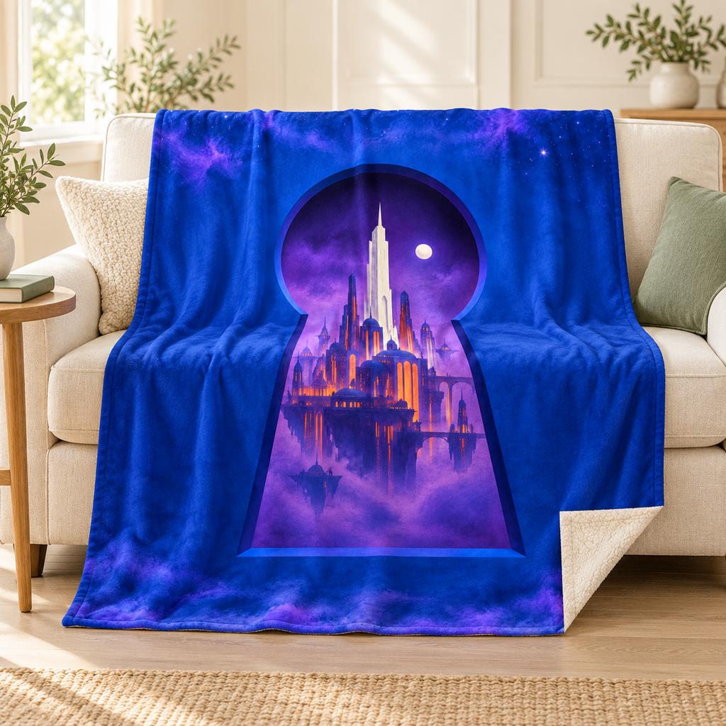 The Keyhole City blanket, on a sofa