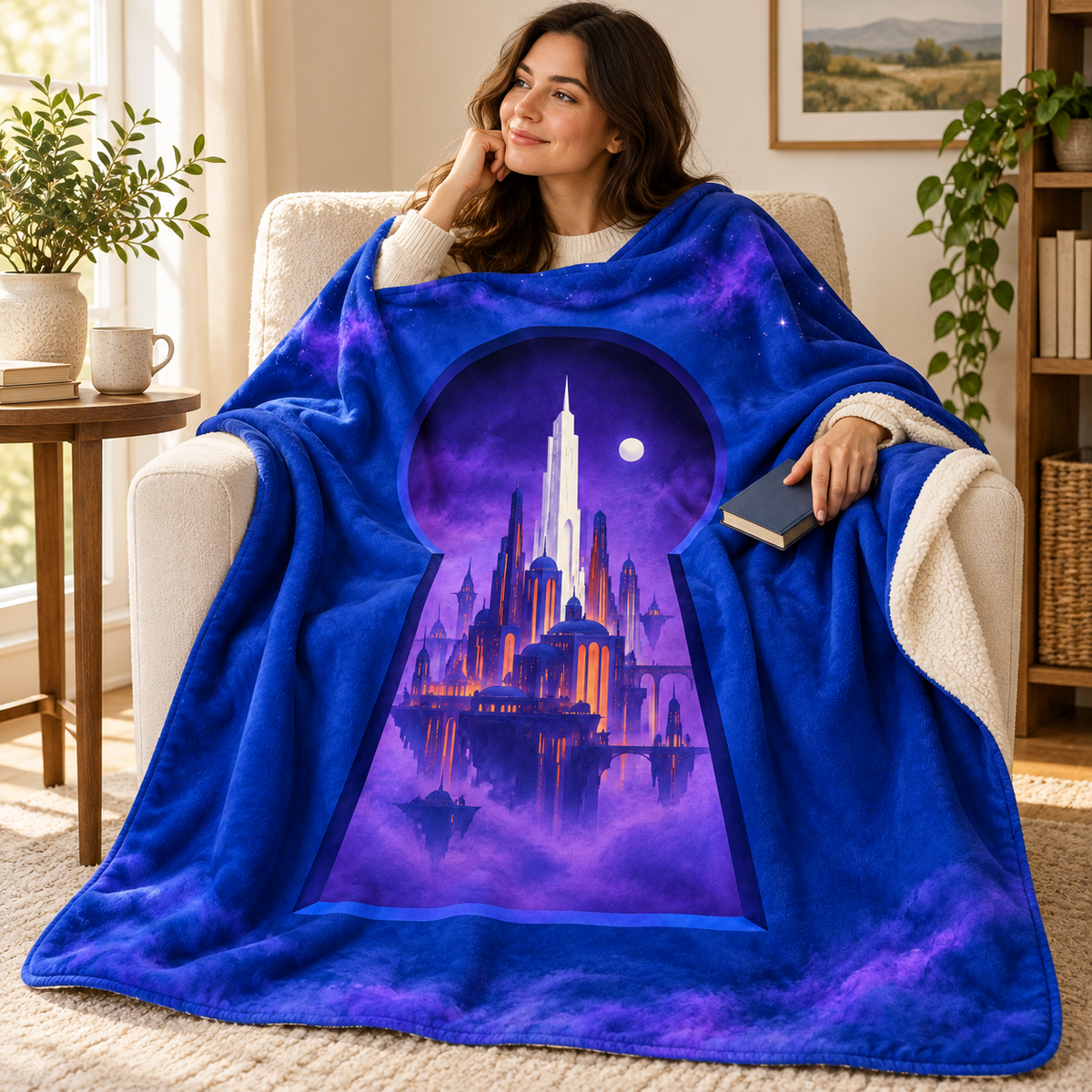The Keyhole City blanket, wrapped around a reader