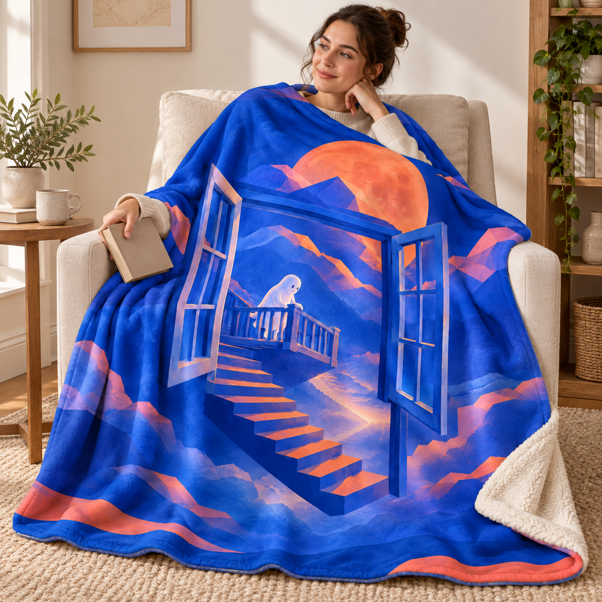 The Window that Opens Downward blanket, wrapped around a reader
