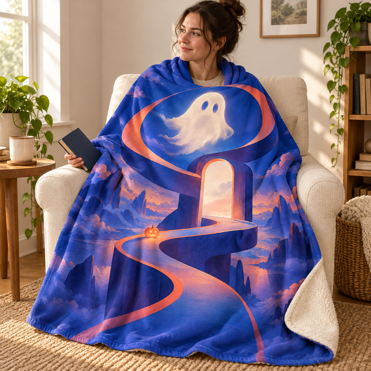 The Hallway that Becomes a Ribbon blanket, wrapped around a reader