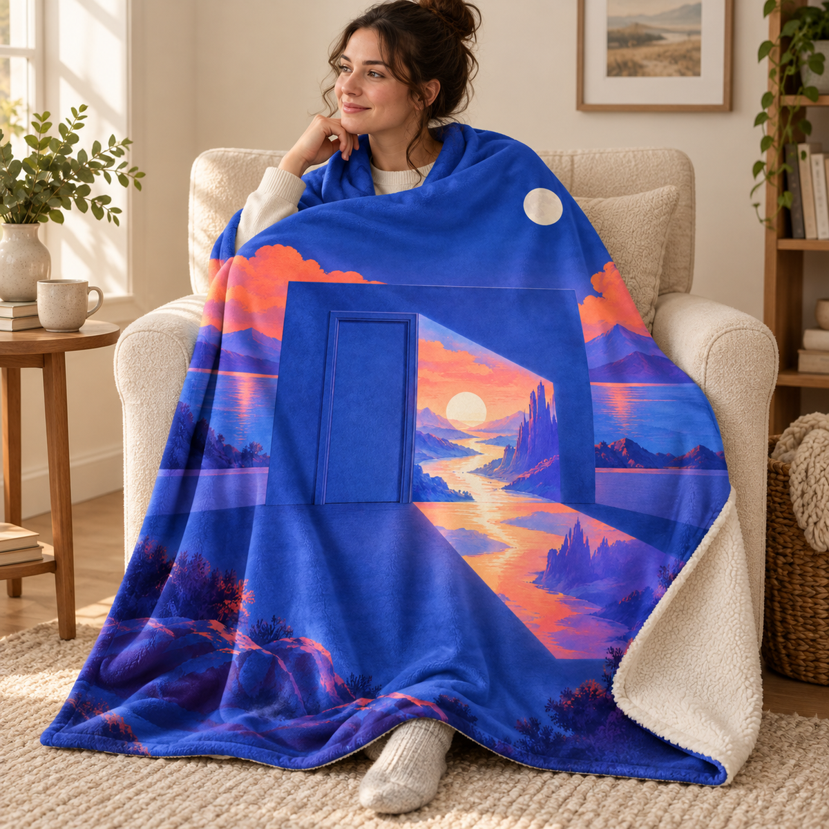 The Shadow Door blanket, wrapped around a reader