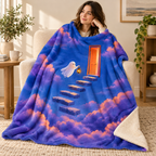 The Last Step Home blanket, wrapped around a reader