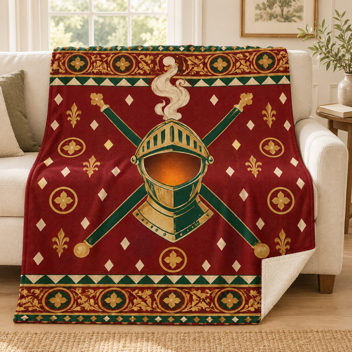 The Helm of October blanket, on a sofa