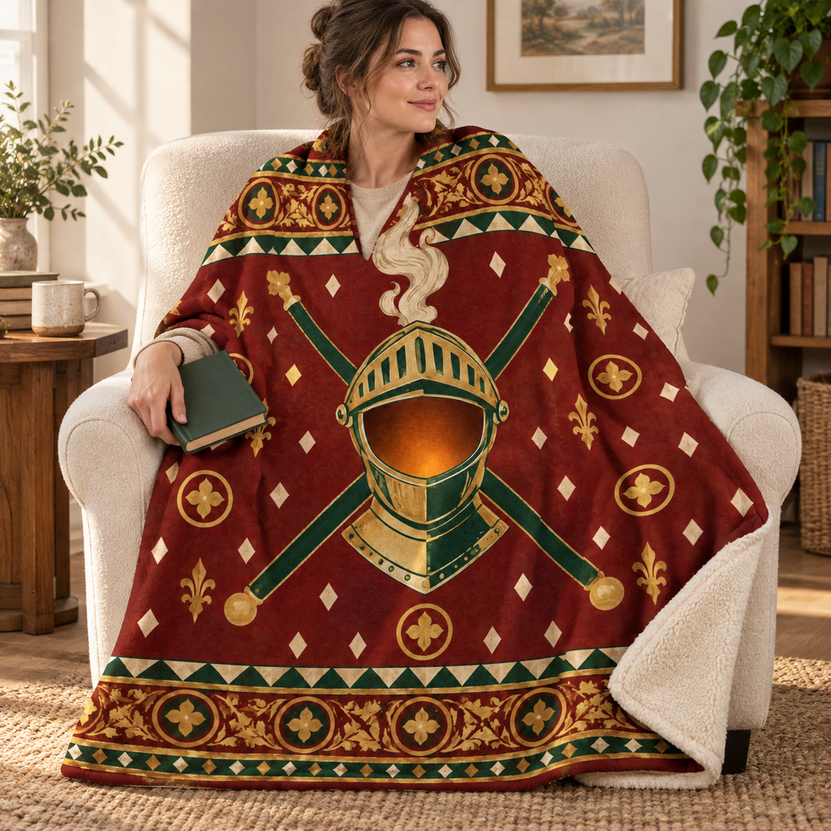 The Helm of October blanket, wrapped around a reader