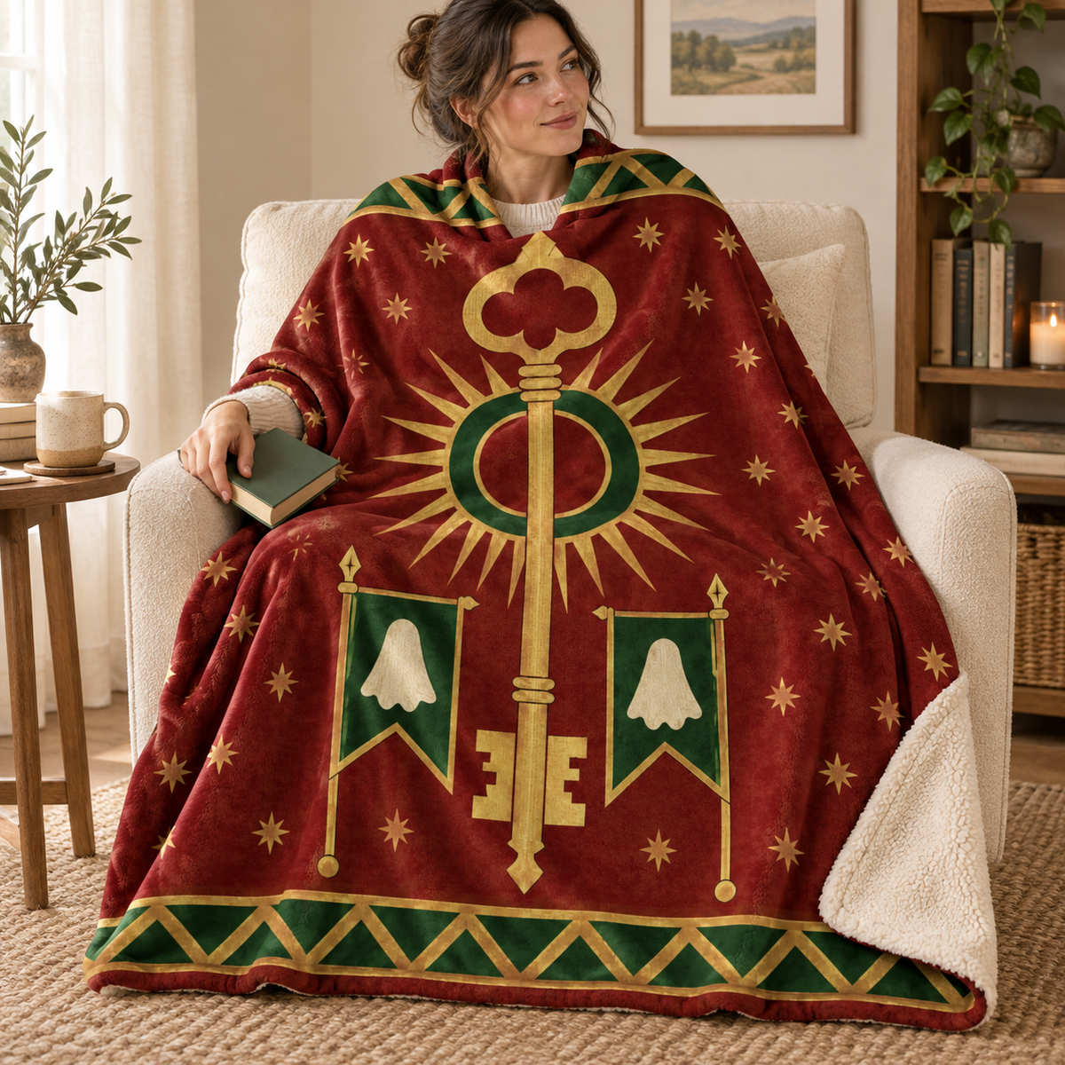 The Key and the Eclipse blanket, wrapped around a reader