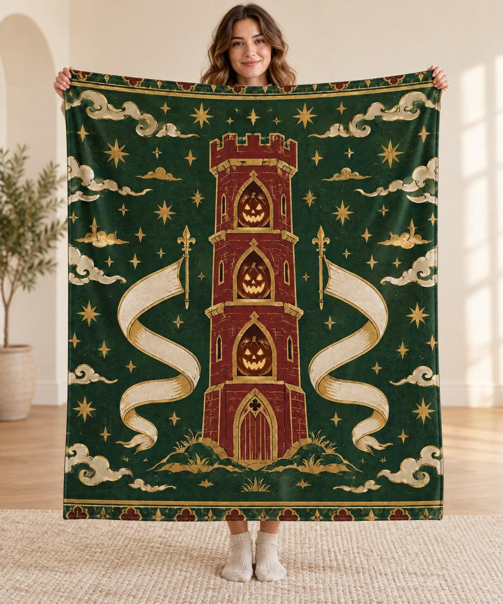 The Tower of Three Lanterns blanket, held open