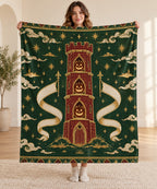 The Tower of Three Lanterns blanket, held open