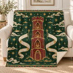 The Tower of Three Lanterns blanket, on a sofa