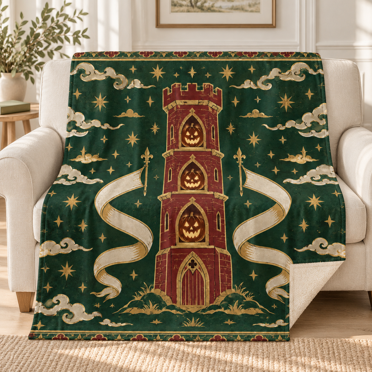 The Tower of Three Lanterns blanket, on a sofa
