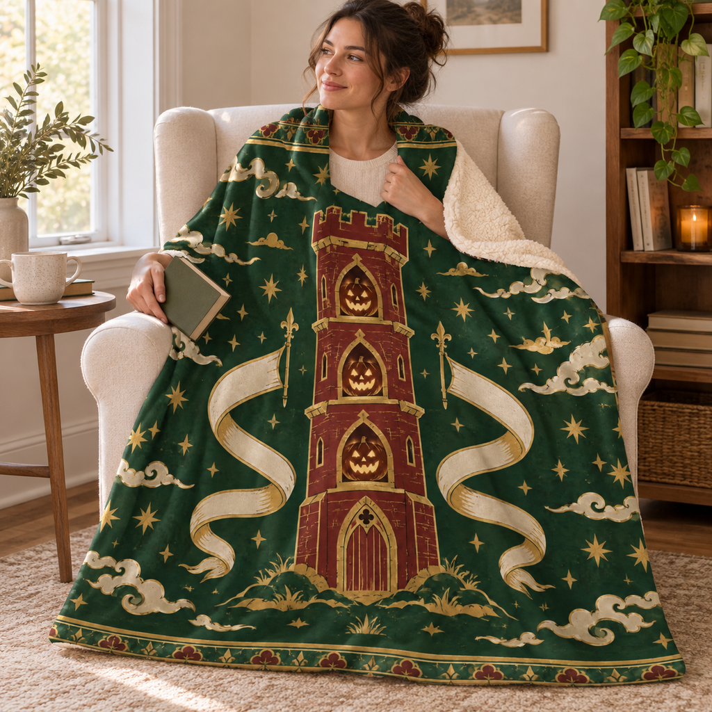 The Tower of Three Lanterns blanket, wrapped around a reader