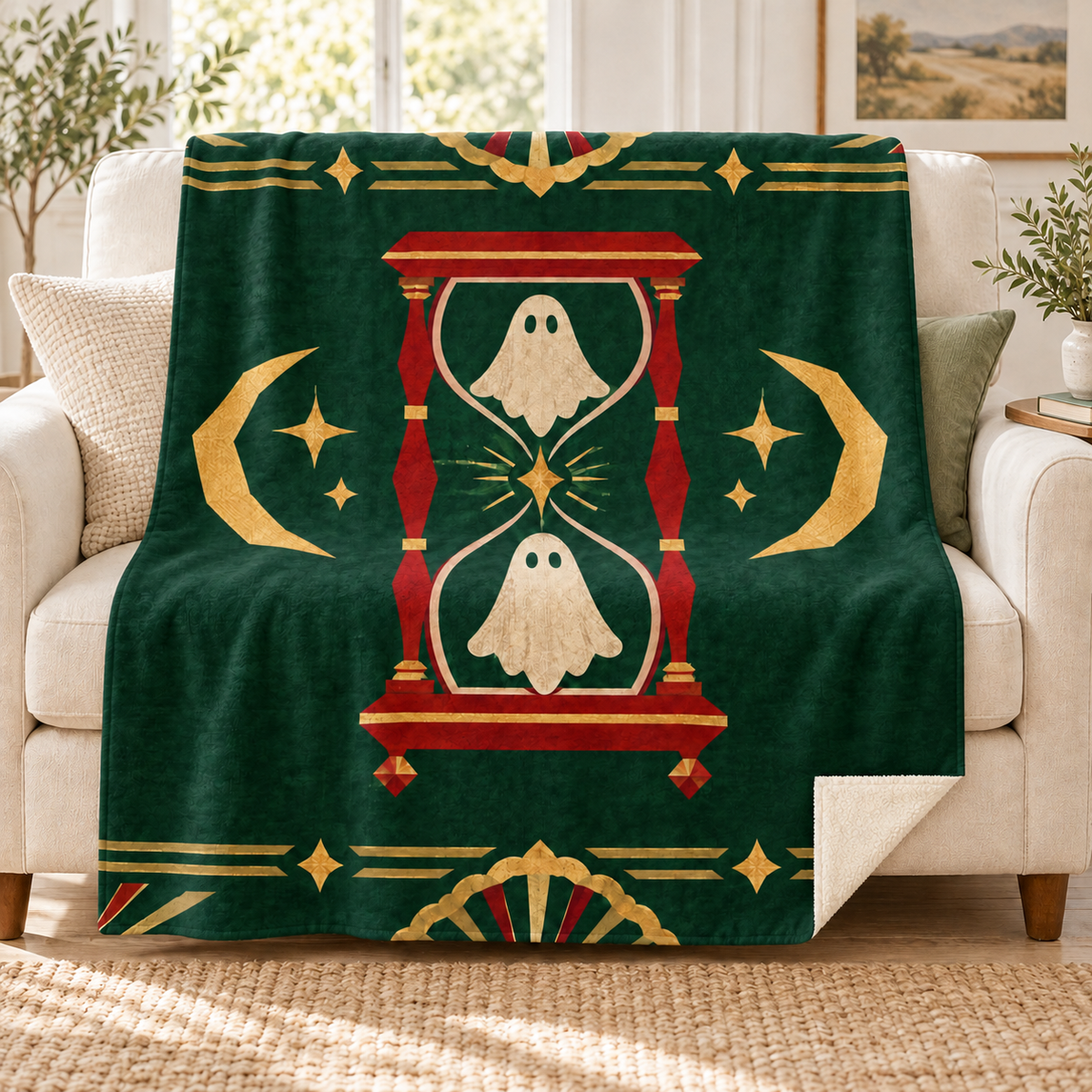 The Spectral Hourglass blanket, on a sofa