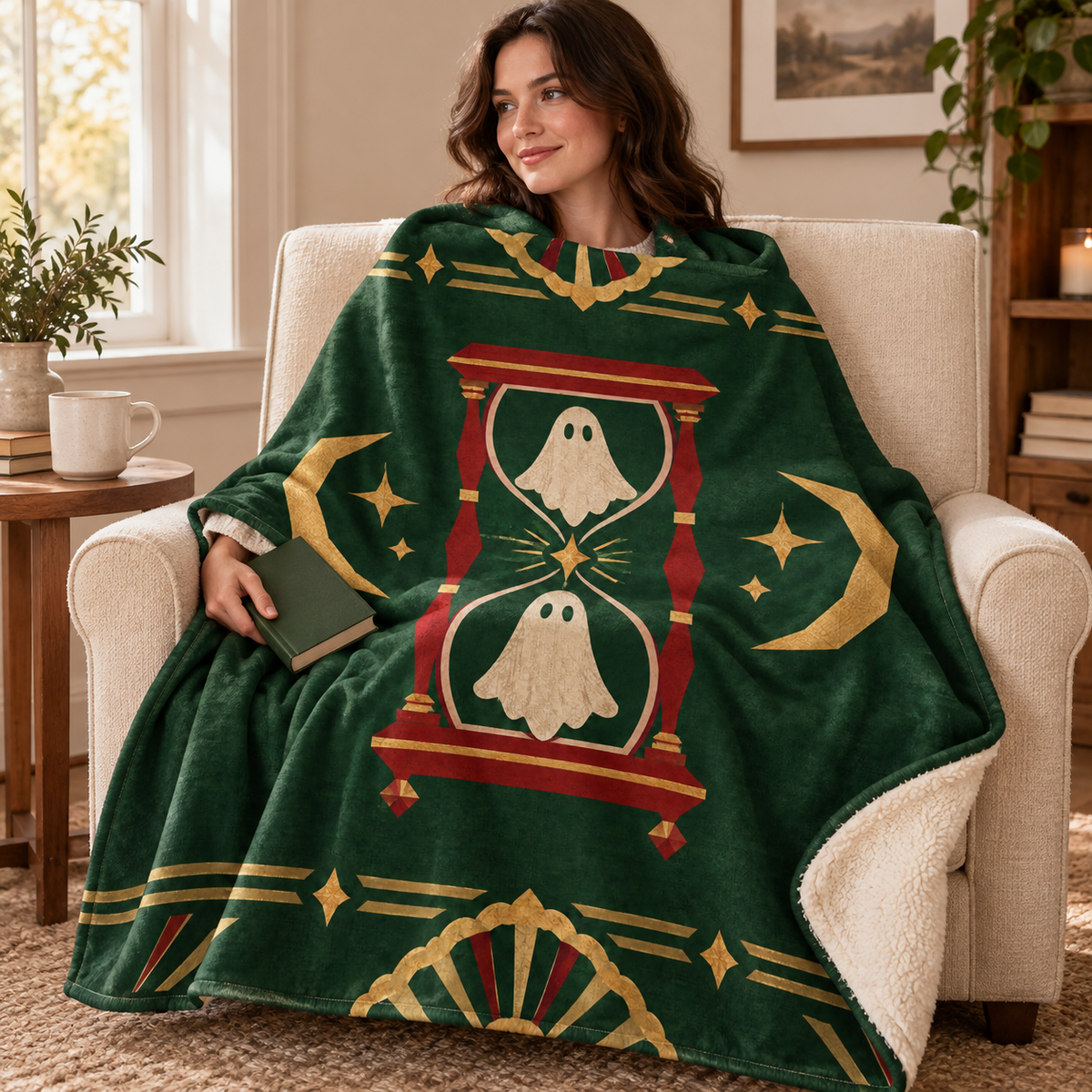 The Spectral Hourglass blanket, wrapped around a reader