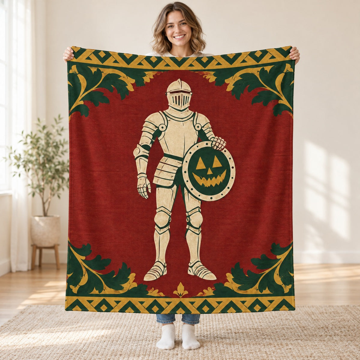The Pumpkin Shield Bearer blanket, held open
