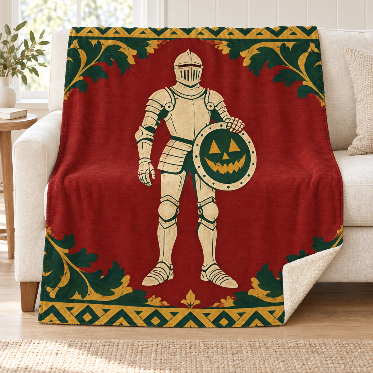 The Pumpkin Shield Bearer blanket, on a sofa