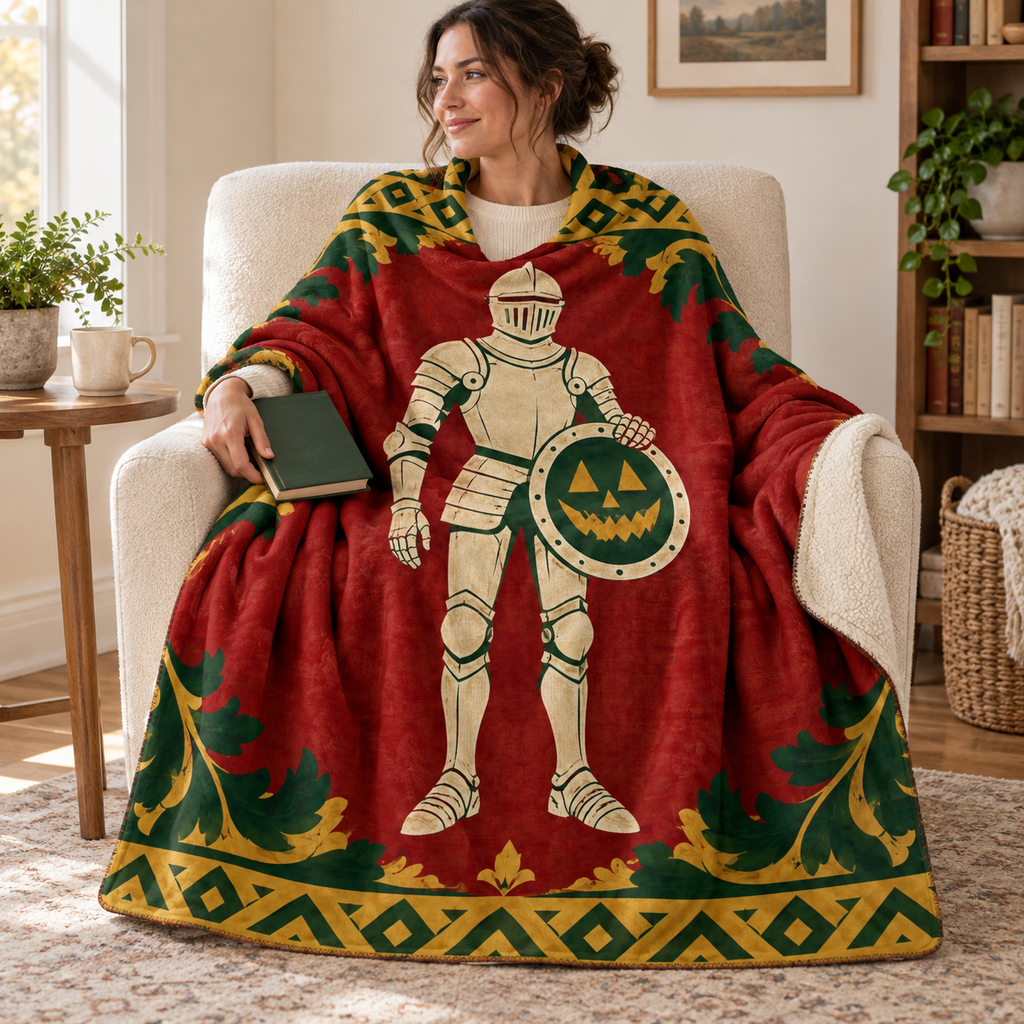 The Pumpkin Shield Bearer blanket, wrapped around a reader