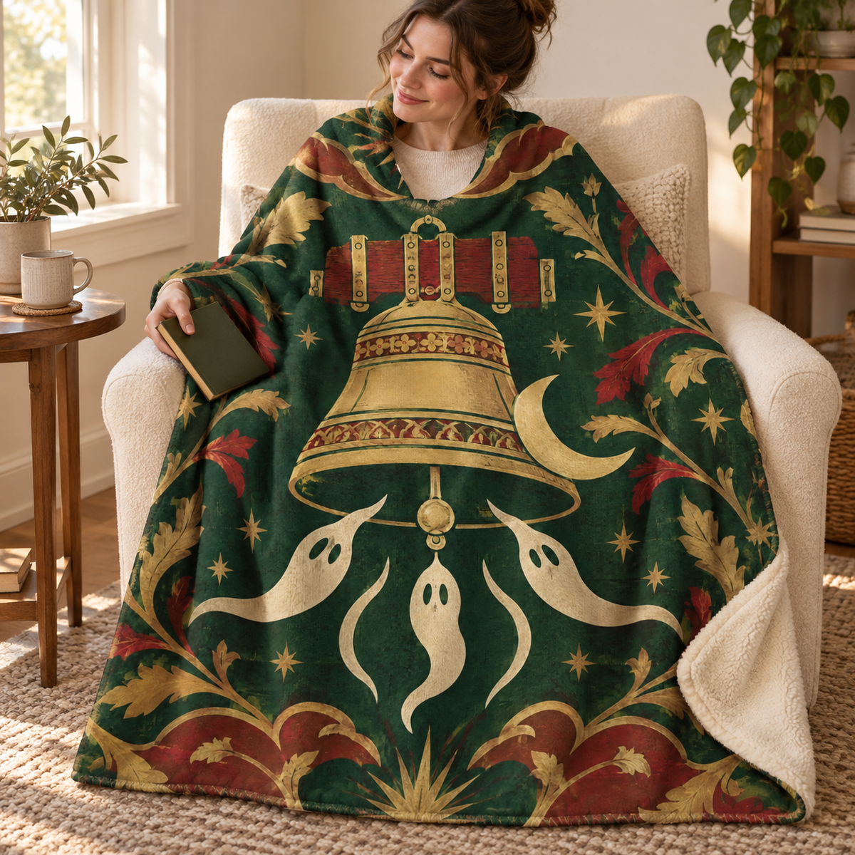 The Midnight Bell blanket, wrapped around a reader
