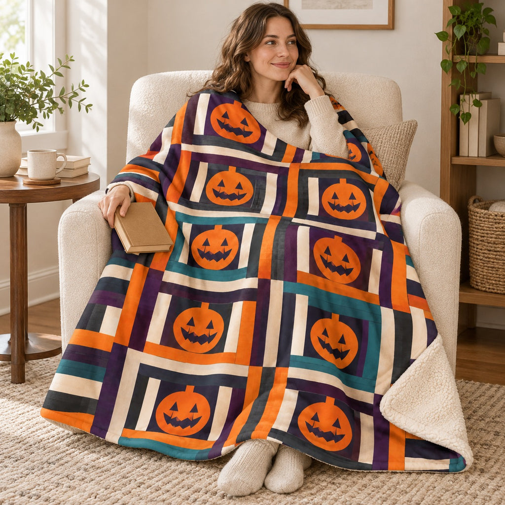 Pumpkin Log Cabin blanket, wrapped around a reader