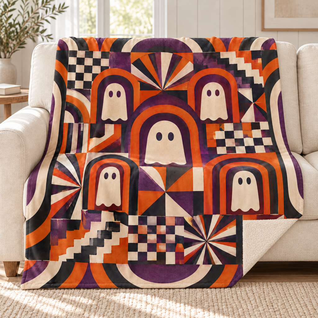 Ghost Cathedral Windows blanket, on a sofa