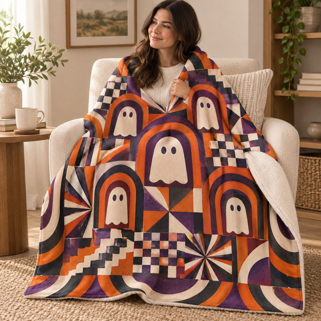 Ghost Cathedral Windows blanket, wrapped around a reader