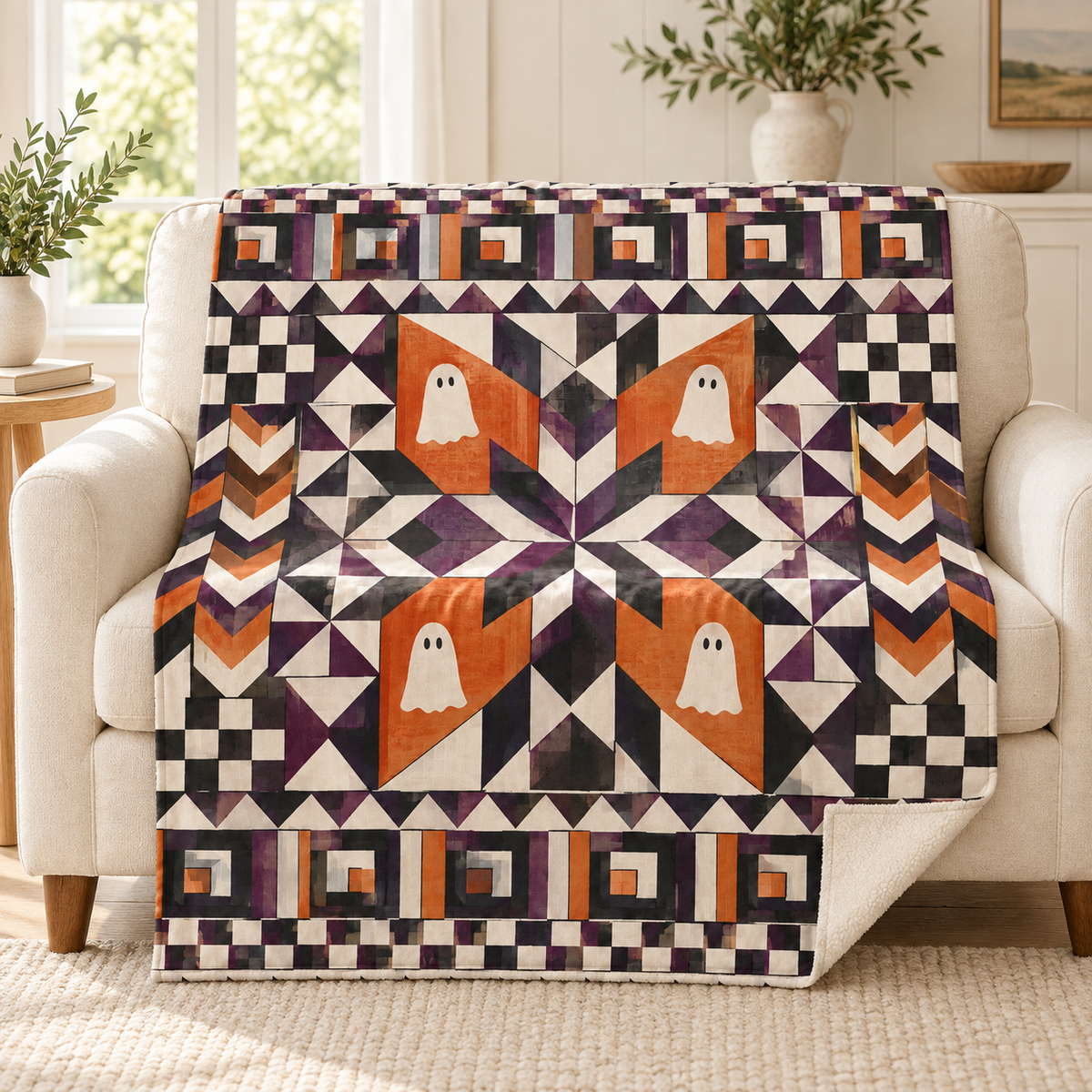 October Starburst blanket, on a sofa