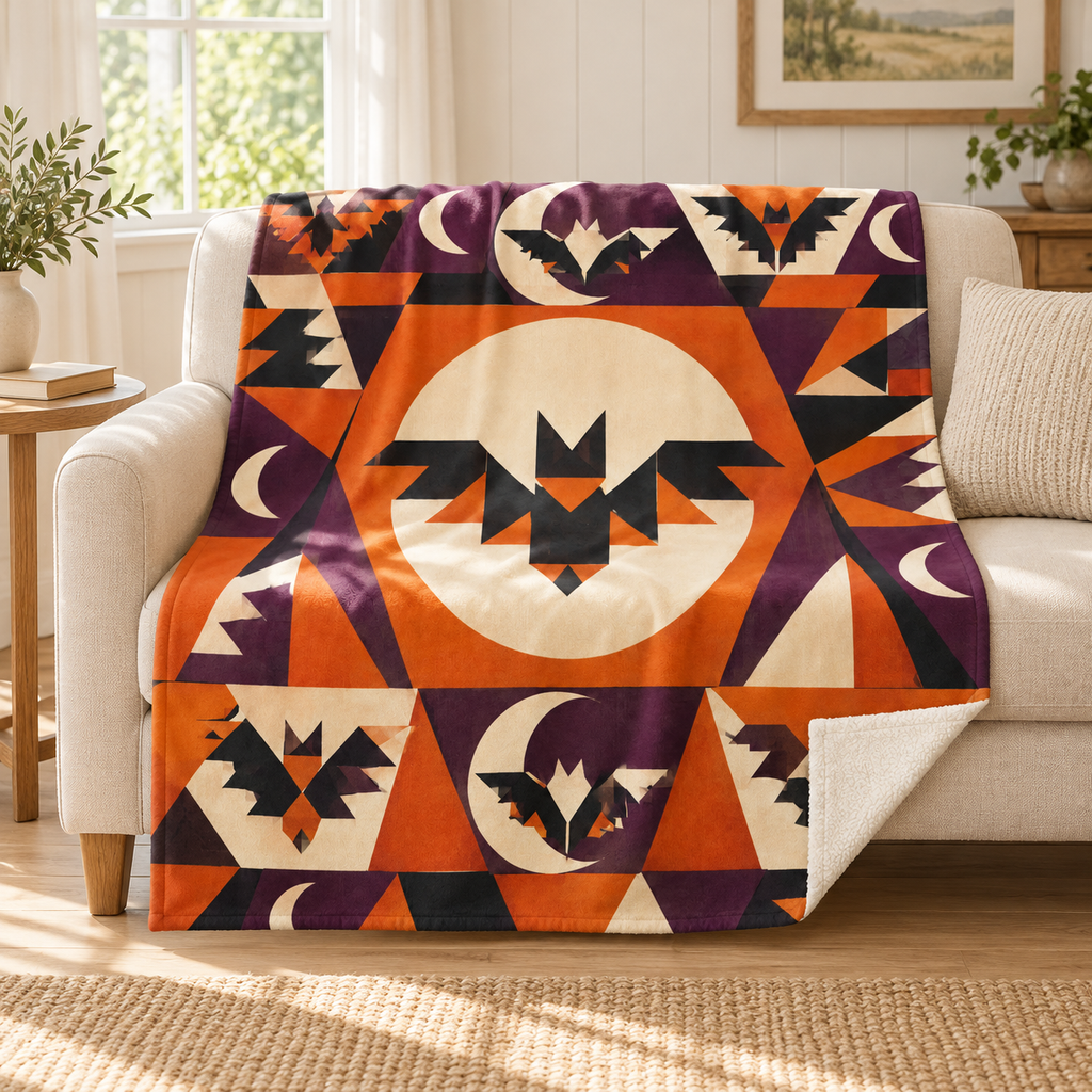 Moon and Bat Tumbler blanket, on a sofa