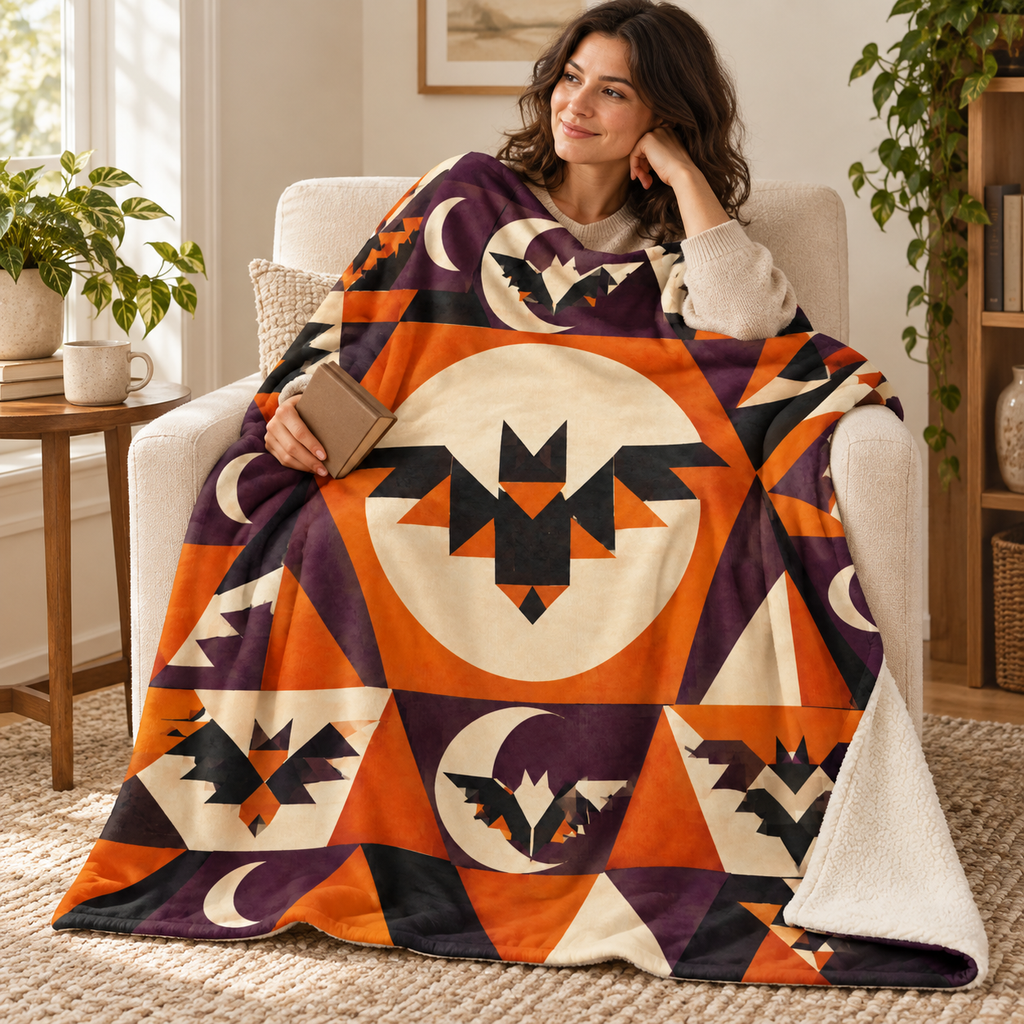 Moon and Bat Tumbler blanket, wrapped around a reader