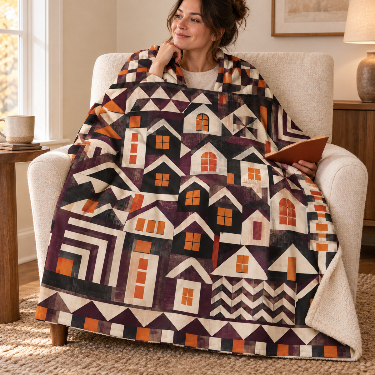 Haunted House Tessellation blanket, wrapped around a reader