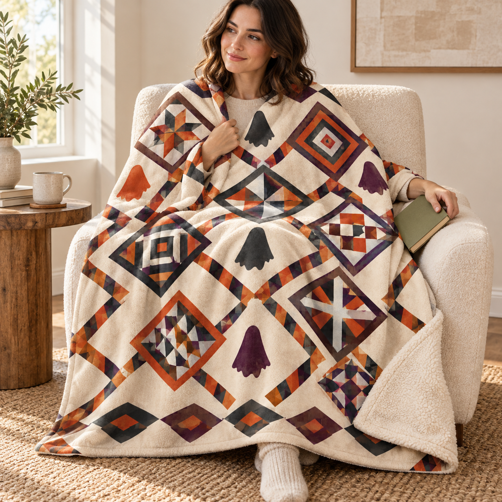Ghost Chain Quilt blanket, wrapped around a reader
