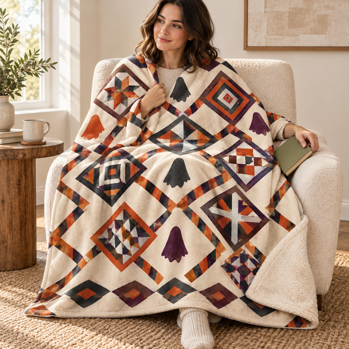 Ghost Chain Quilt blanket, wrapped around a reader