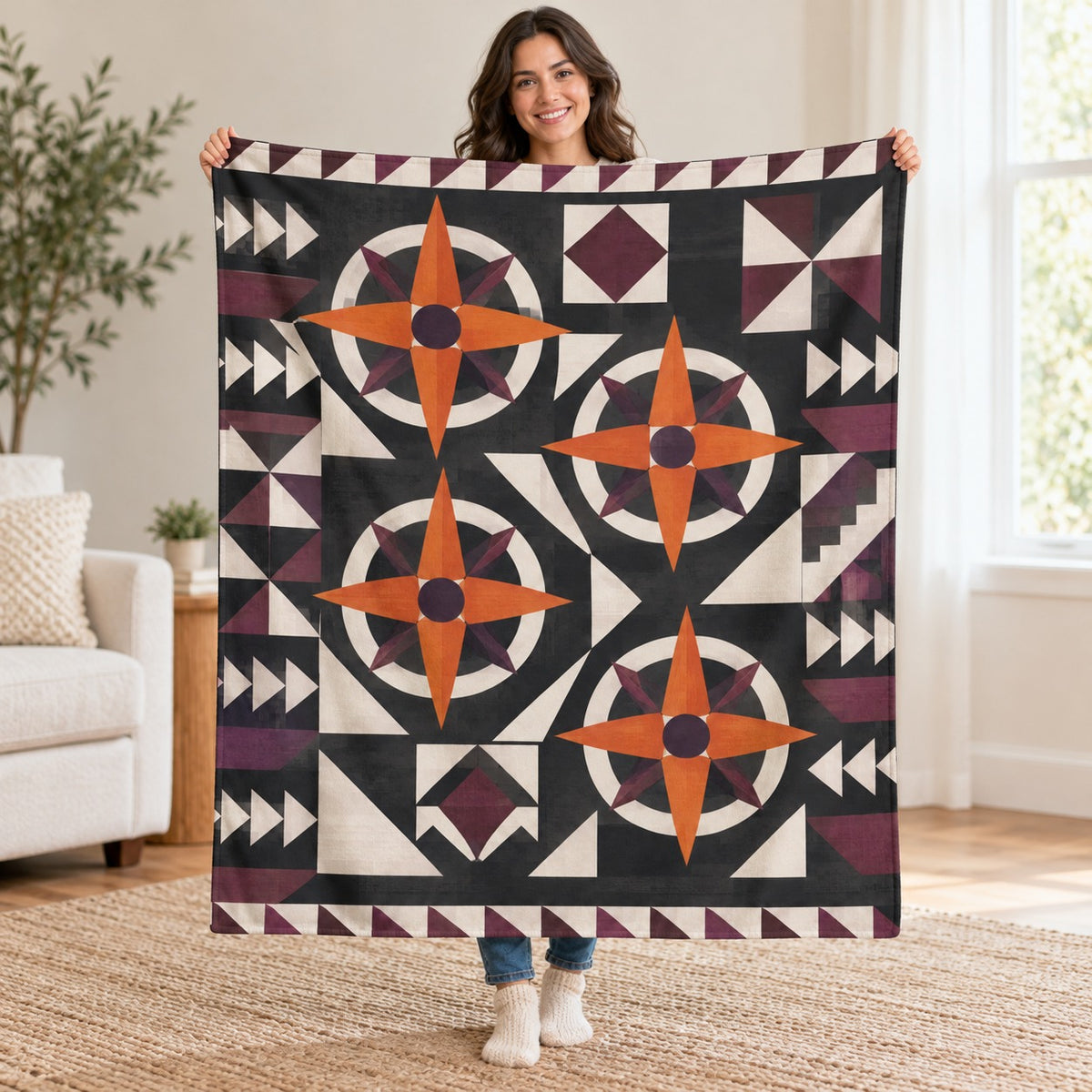 Pumpkin Compass Rose blanket, held open