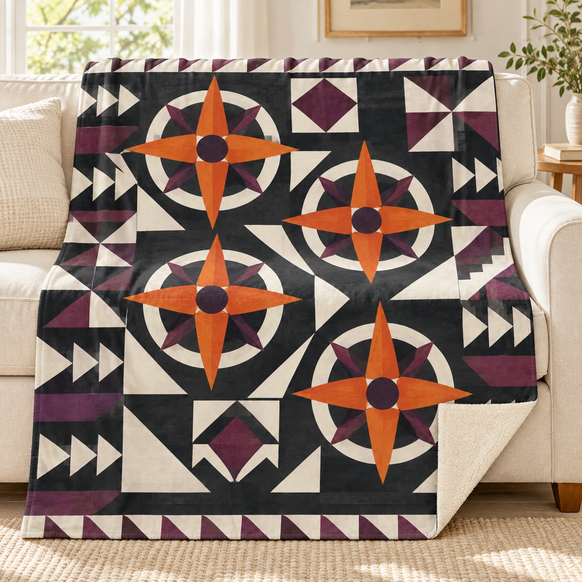 Pumpkin Compass Rose blanket, on a sofa