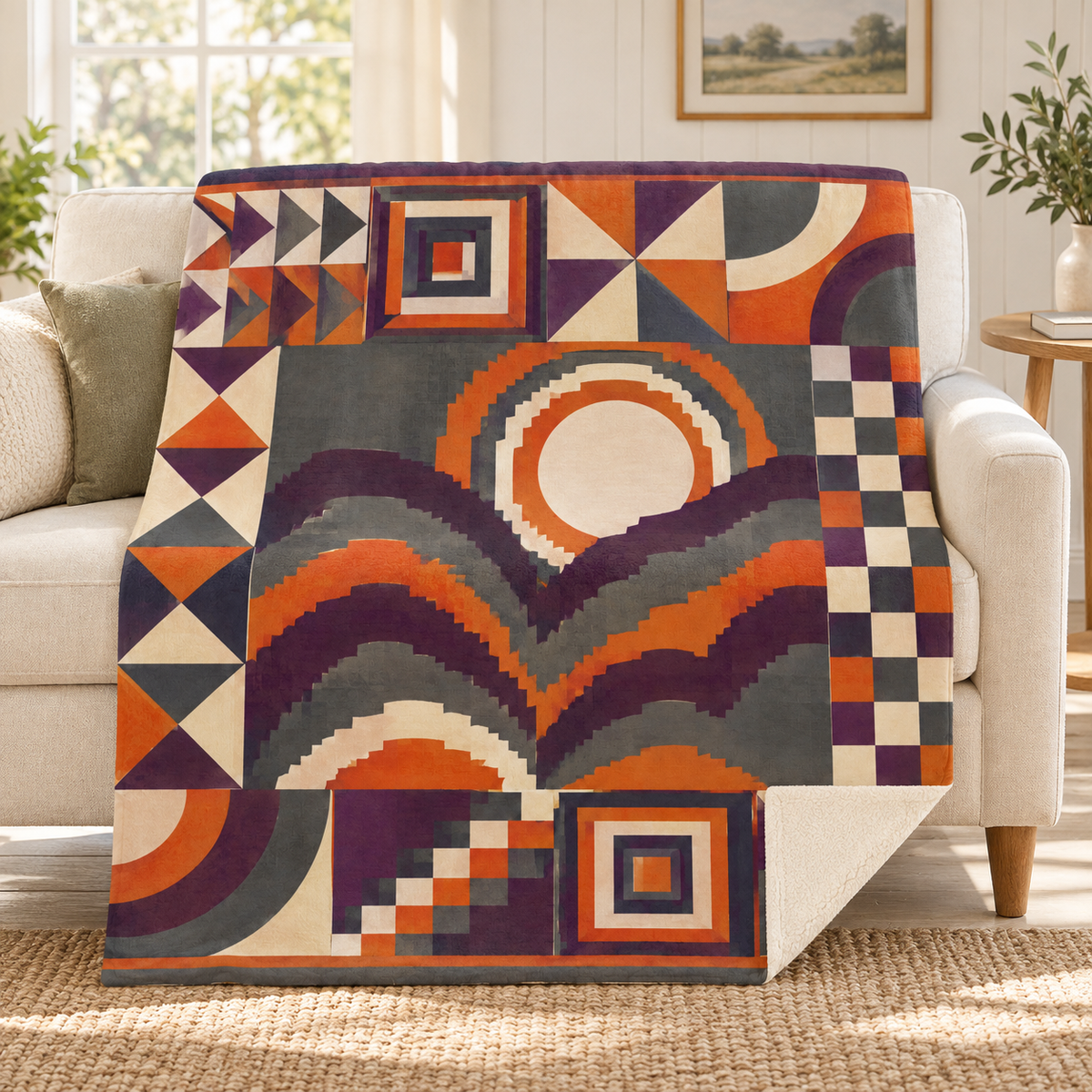 Midnight Bargello blanket, on a sofa