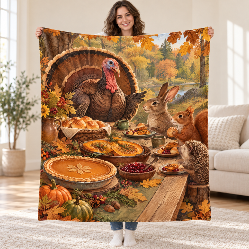Forest Table Feast blanket, held open